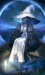 Rule 34 | 1girl, blue eyes, blue hair, blue skin, cloak, colored skin, dress, elden ring, extra arms, fur cloak, hat, highres, looking at viewer, ranni the witch, short hair, shuvi (shuvi1125), site of grace, sitting, solo, spoilers, star (sky), white dress, white hat, witch, witch hat
