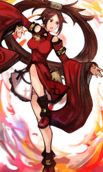 Rule 34 | 1girl, bare shoulders, boots, breasts, brown eyes, brown hair, china dress, chinese clothes, dress, fire, guilty gear, guilty gear xrd, hanfu, highres, kuradoberi jam, levvellevvel, long hair, long sleeves, medium breasts, open mouth, red dress, red footwear, simple background, solo, standing, standing on one leg, v-shaped eyebrows, very long hair, white background, wide sleeves
