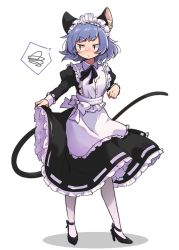 Rule 34 | 1girl, alternate costume, animal ears, apron, black footwear, cat ears, cat tail, closed mouth, clothes lift, dress, dress lift, enmaided, full body, grey hair, high heels, highres, juliet sleeves, lifted by self, long sleeves, looking to the side, maid, maid headdress, nazrin, puffy sleeves, red eyes, ribbon-trimmed dress, short eyebrows, short hair, simple background, slit pupils, solo, spoken squiggle, squiggle, standing, tail, take no ko (4919400), touhou, white apron, white background