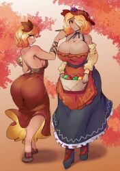 Rule 34 | 2girls, aki minoriko, aki shizuha, apron, arm wrap, armpits, ass, autumn, autumn leaves, backless dress, backless outfit, bare shoulders, basket, black skirt, blonde hair, blush, boots, breasts, cleavage, commentary, detached sleeves, dress, food, freckles, frilled apron, frilled dress, frills, from behind, fruit, fruit basket, fruit hat ornament, grape hat ornament, grapes, greenm, hair ornament, hair over one eye, hat, highres, holding, holding basket, holding paintbrush, holding palette, huge ass, huge breasts, leaf, leaf hair ornament, leaf on head, long sleeves, looking back, mob cap, multiple girls, open mouth, orange apron, orange dress, orange eyes, paintbrush, palette (object), red eyes, sandals, short hair, siblings, sideboob, sisters, skirt, smile, tan, touhou