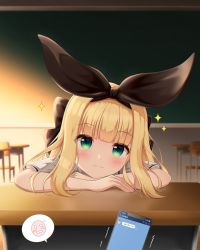 Rule 34 | 1girl, :3, absurdres, black bow, black hairband, blonde hair, blunt bangs, blurry, blurry foreground, blush, bow, bow hairband, cellphone, chalkboard, classroom, closed mouth, desk, green eyes, hair bow, hairband, highres, indoors, long hair, looking at viewer, mononobe alice, nijisanji, phone, school, shirt, short sleeves, smartphone, solo, speech bubble, trembling, virtual youtuber, white shirt, yottacc