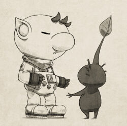 Rule 34 | 1boy, big nose, buttons, closed eyes, commentary request, from behind, full body, gloves, grey background, greyscale, height difference, leaf, looking at another, monochrome, naru (wish field), nintendo, no headwear, olimar, parted lips, patch, pikmin (creature), pikmin (series), pointy ears, purple pikmin, shadow, short hair, spacesuit, very short hair