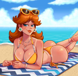 Rule 34 | 1girl, absurdres, ass, bare shoulders, beach, beach towel, bikini, blue eyes, breasts, brown hair, cleavage, crown, day, earrings, flower earrings, gravey draws, highres, jewelry, large breasts, legs, looking at viewer, lying, mario (series), nail polish, nintendo, princess daisy, shiny skin, smug, solo, sunglasses, super mario land, swimsuit, thong, tomboy, towel, water