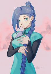 Rule 34 | 1girl, artist name, asymmetrical bangs, black sleeves, blue hair, braid, braided ponytail, breasts, china dress, chinese clothes, closed mouth, dated, dress, female focus, godzillapigeon1, green dress, green eyes, hair over shoulder, hair tie, hand on own chest, hands up, high ponytail, highres, layered sleeves, long sleeves, looking at viewer, medium breasts, mole, mole under eye, outline, pink background, scissor seven, short over long sleeves, short sleeves, signature, simple background, single braid, solo, thirteen (scissor seven), upper body, white outline