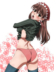Rule 34 | 00s, 1girl, alicia melchiott, angry, ass, back, blush, brown eyes, brown hair, clothes lift, dimples of venus, kekke, long hair, looking back, open mouth, panties, red panties, senjou no valkyria, senjou no valkyria (series), senjou no valkyria 1, shiny skin, shirt lift, skindentation, solo, thighhighs, thighs, twintails, underwear, undressing