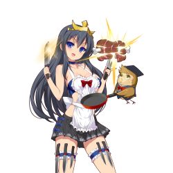 Rule 34 | 1girl, :d, apron, bandeau, bare shoulders, bird, black hair, black skirt, blue bow, blue eyes, blush, bone, boned meat, bow, bowtie, breasts, bridal garter, choker, cleavage, collarbone, cowboy shot, cutting, dual wielding, eyebrows, floating, food, frilled apron, frills, frying pan, glasses, glint, glowing, hair between eyes, hands up, happy, hat, head tilt, headdress, heart, heart apron, highres, holding, holding knife, holster, kitchen knife, knife, kusaka souji, legs apart, lens flare, long hair, looking at viewer, looking up, marina sophia, meat, medium breasts, miniskirt, nail polish, narrow waist, open mouth, owl, parted bangs, pink nails, pleated skirt, pointing, red bow, red bowtie, rimless eyewear, sideboob, sidelocks, skirt, smile, spatula, standing, strapless, sweatdrop, thigh holster, tiara, transparent background, uchi no hime-sama ga ichiban kawaii, very long hair, vest, white apron, white bow