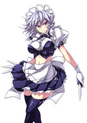 Rule 34 | 1girl, apron, black thighhighs, blue eyes, bow, braid, breasts, hair bow, izayoi sakuya, knife, large breasts, looking at viewer, maid, maid apron, maid headdress, midriff, navel, short sleeves, silver hair, simple background, skirt, smile, solo, thighhighs, touhou, touya (the-moon), twin braids, waist apron, white background, zettai ryouiki