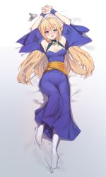 Rule 34 | 1girl, absurdres, ahoge, armpits, arms up, bed sheet, blonde hair, blue dress, blue eyes, blue gemstone, blush, chukibabo2, commission, dress, eyelashes, gem, glowing, highres, long eyelashes, long hair, looking at viewer, lying, no shoes, on back, open mouth, original, pointy ears, solo, teeth, tiara, turtleneck, upper teeth only, white footwear, white legwear, wristband