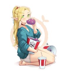 Rule 34 | 1girl, bare legs, barefoot, blonde hair, blue shirt, braid, cup, disposable cup, dungeon meshi, eating, elf, food, green eyes, holding, holding food, jk arts, legs, long hair, marcille donato, pointy ears, ponytail, red ribbon, ribbon, senshi (dungeon meshi), shirt, shorts, side braid, soles
