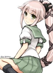 Rule 34 | 10s, 1girl, blush, boots, buttons, don (29219), green eyes, hair flaps, hair ornament, hair ribbon, kantai collection, knee boots, long hair, looking at viewer, looking back, pink hair, ponytail, ribbon, school uniform, serafuku, side ponytail, simple background, sitting, skirt, smile, solo, twitter username, very long hair, wariza, white background, yura (kancolle)