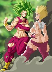 Rule 34 | 2girls, abs, absurdres, android 18, armlet, ass, ass focus, blonde hair, blue eyes, boots, breasts, butt crack, charge sol, cleavage, clenched hands, clenched teeth, dragon ball, dragon ball super, earrings, fighting, green hair, highres, huge ass, jewelry, kefla (dragon ball), large breasts, light particles, multiple girls, muscular, muscular female, navel, nude, one eye closed, sideboob, super saiyan, teeth, thick thighs, thighs, torn clothes