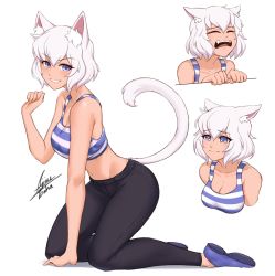Rule 34 | 1girl, airisubaka, animal ear fluff, animal ears, artist name, bare arms, bare shoulders, black pants, blue eyes, breasts, cat ears, cat girl, cat tail, closed eyes, collarbone, commentary, crop top, crying, english commentary, fangs, highres, kneeling, looking at viewer, medium breasts, midriff, multiple views, original, pants, parted lips, purple footwear, shoes, short hair, signature, simple background, smile, tail, white background, white hair