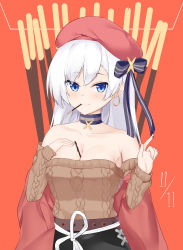 Rule 34 | 1girl, absurdres, aran sweater, azur lane, bare shoulders, belfast (azur lane), belfast (shopping with the head maid) (azur lane), beret, black bow, black skirt, blue eyes, bow, breasts, brown background, brown sweater, cable knit, choker, cleavage, closed mouth, collarbone, commentary request, dated, earrings, food, food between breasts, food in mouth, food on hand, hair bow, hat, highres, hoop earrings, jewelry, long hair, looking at viewer, medium breasts, mouth hold, off-shoulder sweater, off shoulder, pocky, pocky day, red hat, roido (taniko-t-1218), sidelocks, silver hair, skirt, smile, solo, striped, striped bow, sweater, upper body