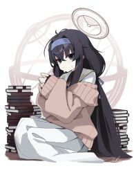 Rule 34 | 1girl, absurdres, bags under eyes, black hair, blue archive, book, book stack, brown cardigan, brown halo, cardigan, closed mouth, hairband, halo, highres, loah 66, long hair, long sleeves, looking at viewer, low twintails, puffy long sleeves, puffy sleeves, purple eyes, purple hairband, sailor collar, shirt, signature, simple background, sitting, skirt, sleeves past wrists, solo, sweat, too many, too many books, twintails, ui (blue archive), very long hair, white background, white sailor collar, white shirt, white skirt