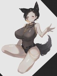 1girl animal_ears belt binah_(project_moon) black_eyes black_hair blush breasts chain colored_inner_hair covered_erect_nipples ee_extension_02 fake_tail fox_ears gold_chain highres huge_breasts leotard multicolored_hair navel project_moon semi-transparent tail