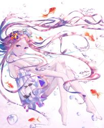 Rule 34 | 1girl, abigail williams (fate), animal, bare arms, bare shoulders, barefoot, black bow, bow, brown hair, commentary request, dress, fate/grand order, fate (series), fish, floating hair, flower, full body, goldfish, gradient hair, hair bow, hair flower, hair ornament, highres, kinom (sculpturesky), knees up, long hair, looking at viewer, multicolored hair, multiple hair bows, orange bow, parted bangs, parted lips, pink background, polka dot, polka dot bow, purple eyes, rose, sleeveless, sleeveless dress, solo, star (symbol), very long hair, water drop, white background, white dress, white flower, white rose
