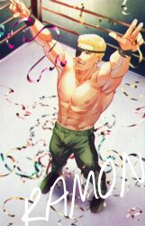 Rule 34 | 1boy, abs, absurdres, arms up, bad id, bad pixiv id, bare pectorals, bare shoulders, biceps, blonde hair, character name, confetti, eyepatch, facial hair, goatee, green footwear, green pants, highres, huge filesize, jewelry, luchador, male focus, mexico, muscular, nipples, pants, pectorals, ramon (kof), ring, sokytk2, solo, the king of fighters, wristband