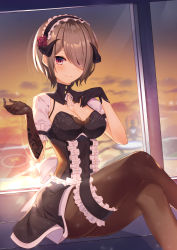 Rule 34 | 1girl, asymmetrical gloves, bad anatomy, bad id, bad pixiv id, black gloves, black pantyhose, blush, breasts, bridal garter, cleavage, cloud, collar, commentary request, crossed legs, fake horns, flower, frills, gloves, hair flower, hair ornament, hair over one eye, highres, honkai (series), honkai impact 3rd, horns, indoors, kina, large breasts, looking at viewer, maid, maid headdress, mismatched gloves, mole, mole under eye, pantyhose, puffy short sleeves, puffy sleeves, purple eyes, red flower, red rose, reflection, ribbon, rita rossweisse, rita rossweisse (umbral rose), rose, short hair, short sleeves, sitting, smile, solo, sunset, thigh strap, white ribbon, window