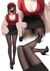 Rule 34 | 1girl, abab xiaxia, bag, black bag, black footwear, black hair, black pantyhose, black skirt, breasts, chinese text, cleavage, closed mouth, coat, collarbone, commentary, covered mouth, full body, fur coat, hair ornament, hairclip, hand up, handbag, hat, high heels, highres, jewelry, knees together feet apart, large breasts, legs, legs apart, long sleeves, looking at viewer, looking to the side, mask, medium hair, mole, mole on breast, mouth mask, multicolored hair, multiple views, necklace, off shoulder, orange eyes, orange hair, original, pantyhose, parted bangs, patent heels, pencil skirt, pumps, red shirt, shirt, shirt tucked in, shoes, simple background, simplified chinese text, skirt, sleeves past wrists, standing, stiletto heels, streaked hair, striped, thighs, two-tone hair, white background, yellow eyes
