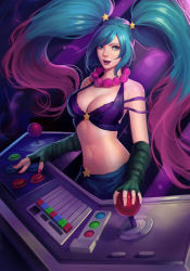 Rule 34 | 1girl, alternate costume, arcade sona, blue hair, breasts, cleavage, controller, jewelry, joystick, league of legends, looking at viewer, multicolored hair, necklace, phamoz, smile, solo, sona (league of legends), stomach, twintails, two-tone hair