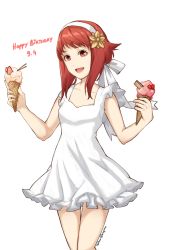 Rule 34 | dress, fire emblem, fire emblem fates, flower, food, hair flower, hair ornament, highres, holding, ice cream, kyou (ningiou), looking at viewer, nintendo, red eyes, red hair, sakura (fire emblem), simple background, smile, solo, sundress, white background, white dress