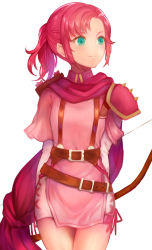 Rule 34 | 1girl, armor, arms behind back, belt, bow (weapon), cape, cowboy shot, dress, fire emblem, fire emblem: mystery of the emblem, fire emblem: shadow dragon, green eyes, jurge, looking to the side, medium hair, nintendo, norne (fire emblem), parted bangs, pink dress, pink hair, ponytail, short dress, shoulder armor, simple background, smile, solo, thighs, weapon, white background