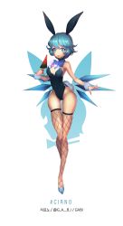 Rule 34 | 1girl, animal ears, artist name, blue eyes, blue hair, bow, bowtie, character name, cirno, detached collar, fishnet pantyhose, fishnets, food, fruit, full body, gabi (g a  b i), gem, ice, ice wings, leotard, looking at viewer, matching hair/eyes, pantyhose, playboy bunny, rabbit ears, rabbit tail, shoes, short hair, solo, sparkle, tail, thighhighs, tongue, tongue out, touhou, watermelon, white background, wings, wrist cuffs