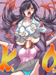 Rule 34 | 2girls, black hair, black thighhighs, blood, blue eyes, blue panties, blue shirt, blush, breasts, buttons, catfight, commission, defeat, femdom, from above, grabbing own breast, grey skirt, ground pound, hands on own breasts, k.o., kneeling, large breasts, long hair, looking at viewer, lying, multiple girls, on back, panties, pink shirt, pixiv commission, roni (tukepen4649), saliva, shirt, sitting, sitting on face, sitting on person, skirt, tagme, thighhighs, tongue, tongue out, underwear, white panties, wrestling