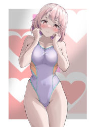 Rule 34 | 1girl, blush, breasts, brown eyes, cleavage, commentary request, competition swimsuit, covered navel, cowboy shot, highleg, highleg swimsuit, highres, large breasts, looking at viewer, mashinatsu, nose blush, one-piece swimsuit, original, pink hair, purple one-piece swimsuit, short hair, solo, swimsuit, thigh gap