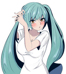 Rule 34 | 1girl, alternate costume, blue hair, blush, breasts, collarbone, goddess of victory: nikke, highres, large breasts, light blue hair, long hair, looking at viewer, nap apron, privaty (nikke), shirt, simple background, solo, twintails, tying hair, very long hair, white background, white shirt, yellow eyes