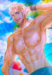 Rule 34 | 1boy, abs, absurdres, ball, bara, beach, beard stubble, blonde hair, blue eyes, chiyo (miichiyochin), coral island, cowboy shot, dutch angle, facial hair, highres, large pectorals, looking at viewer, male focus, male swimwear, muscular, muscular male, mustache stubble, navel, nipples, pectorals, scott (coral island), second-party source, short hair, sky, solo, sparse chest hair, standing, stomach, stubble, swim trunks, topless male, v-taper, volleyball (object), wet
