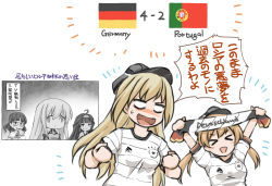Rule 34 | &gt; &lt;, 4girls, ahoge, alternate costume, arms up, bismarck (kancolle), blonde hair, blunt bangs, blush, breasts, clenched hands, detached sleeves, euro 2020, face of the people who sank all their money into the fx (meme), fang, flag, german flag, glasses, hat, highres, kantai collection, kongou (kancolle), long hair, meme, multiple girls, open mouth, peaked cap, pince-nez, portuguese flag, prinz eugen (kancolle), roma (kancolle), short hair, short sleeves, simple background, soccer, sportswear, suda (yuunagi enikki), sweat, translation request, twintails, white background