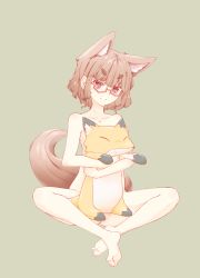 Rule 34 | 1girl, :&gt;, animal ear fluff, animal ears, artist request, bad id, bad pixiv id, brown eyes, brown hair, covering privates, extra ears, feet together, fox, fox ears, fox girl, fox tail, full body, glasses, grey background, highres, indian style, knees apart feet together, monotsumi, nude, nude cover, original, pussy, pussy peek, semi-rimless eyewear, simple background, sitting, solo, spread legs, stuffed fox, stuffed toy, tail, under-rim eyewear
