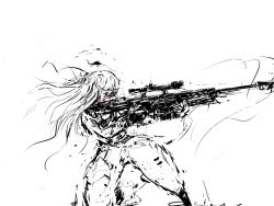 Rule 34 | 10s, 1girl, aiming, baggy pants, greyscale, gun, infinite stratos, laura bodewig, long hair, merpperoni, monochrome, on one knee, pants, red eyes, rifle, scope, sniper rifle, solo, spot color, weapon