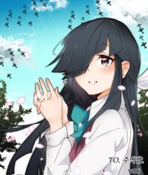 Rule 34 | 10s, 1girl, aircraft, airplane, black hair, blunt bangs, brown eyes, day, dongsa wonhyong, glint, hair over one eye, hayashimo (kancolle), jewelry, kantai collection, korean text, long hair, long sleeves, own hands clasped, own hands together, ring, school uniform, shirt, sky, solo, upper body, very long hair, wedding band, white shirt