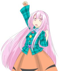 Rule 34 | 1girl, blush stickers, bow, bowtie, bubble skirt, clenched hands, d:, expressionless, fist pump, ganmaganmo, hata no kokoro, long hair, looking at viewer, no mask, open mouth, pink eyes, pink hair, plaid, plaid shirt, shirt, simple background, skirt, solo, teeth, touhou, very long hair