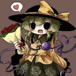 Rule 34 | 1girl, black eyes, black hat, blouse, blush, bouquet, bow, brown background, buttons, cowboy shot, diamond button, eyeball, floral print, flower, frilled shirt collar, frilled skirt, frilled sleeves, frills, green skirt, hand up, hat, hat bow, hat ribbon, heart, heart of string, heripantomorrow, holding, holding bouquet, komeiji koishi, light green hair, long sleeves, medium hair, open mouth, outstretched arm, red flower, red rose, ribbon, rose, rose print, shirt, sidelocks, simple background, skirt, solo, spoken heart, standing, third eye, touhou, wavy hair, wide sleeves, yellow bow, yellow ribbon, yellow shirt