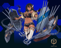 Rule 34 | 1girl, anchor, azur lane, bare shoulders, black hair, blue background, braid, breasts, brown eyes, chain, cleavage, commentary request, crop top, dark-skinned female, dark skin, feather hair ornament, feathers, hair between eyes, hair ornament, jewelry, large breasts, long hair, looking at viewer, machinery, native american, navel, necklace, rigging, shield, shorts, solo, south dakota (azur lane), thighhighs, turret, yuko (uc yuk)