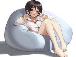 Rule 34 | 1girl, bare legs, barefoot, bean bag chair, black hair, blush, brown eyes, double v, highres, jacket, kantai collection, kibitarou, long sleeves, looking at viewer, maru-yu (kancolle), open mouth, shadow, short hair, simple background, sitting, solo, v, white background, white jacket