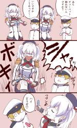 Rule 34 | 10s, 1boy, 1girl, :d, anger vein, beret, comic, commentary request, epaulettes, hat, holding, ishii hisao, kantai collection, kashima (kancolle), little boy admiral (kancolle), long hair, military, military uniform, naval uniform, open mouth, peaked cap, pleated skirt, skirt, smile, smug, translation request, tupet, twintails, uniform, white hair