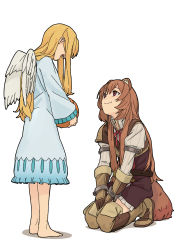 Rule 34 | 2girls, absurdres, angel wings, animal ears, ball, barefoot, belt, blonde hair, blue dress, boots, brown dress, brown eyes, brown footwear, brown gloves, brown hair, covered eyes, dress, filo (tate no yuusha no nariagari), from side, full body, gloves, hair tubes, high collar, highres, holding, holding ball, kneeling, long hair, long sleeves, looking at another, multiple girls, neck ribbon, open mouth, raccoon ears, raccoon girl, raphtalia, ribbon, shima (landsuzume), simple background, smile, standing, tate no yuusha no nariagari, thigh boots, thighhighs, white background, wings