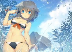 Rule 34 | 1girl, adapted costume, ahoge, arm at side, bikini, black bikini, black hair, blue eyes, blue sky, blush, bow, braid, breasts, cowboy shot, day, front-tie bikini top, front-tie top, fujisaki hikari, hair bow, hair flaps, hair ornament, hand up, jewelry, kantai collection, long hair, looking at viewer, navel, outdoors, ring, shigure (kancolle), shigure kai ni (kancolle), side-tie bikini bottom, single braid, sky, small breasts, smile, solo, swimsuit, water drop, wedding band