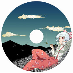 Rule 34 | 1girl, album cover, bad id, bad pixiv id, bow, breasts, cd, cloud, cover, female focus, fujiwara no mokou, full moon, grass, hair bow, kiseru, long sleeves, looking afar, lying, moon, mountain, night, night sky, on back, on grass, open collar, pants, ponytail, popped collar, red eyes, red pants, shigeohji, silhouette, silver hair, sky, small breasts, smoking, smoking pipe, solo, suspenders, touhou, white legwear