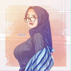 Rule 34 | 1girl, breasts, female focus, glasses, hijab, huge breasts, lip biting, looking at viewer, naughty face, rekanas