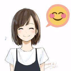 Rule 34 | 1girl, brown hair, closed eyes, closed mouth, commentary request, emoji, facing viewer, highres, musical note, original, overalls, portrait, sako (35s 00), shirt, short hair, signature, simple background, smile, solo, upper body, white background, white shirt
