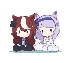 Rule 34 | 2girls, animal ears, bare shoulders, black footwear, black jacket, black pants, blue hairband, blush stickers, brown hair, chibi, closed mouth, collared shirt, commentary, detached sleeves, dress, flower, hair flower, hair ornament, hairband, highres, horse ears, jacket, long hair, mejiro mcqueen (heart exposed to the night breeze) (umamusume), mejiro mcqueen (umamusume), multicolored hair, multiple girls, nozo (hitomiz), open clothes, open jacket, pants, purple flower, purple hair, purple rose, rose, see-through, see-through sleeves, shadow, shirt, shoe soles, shoes, short sleeves, simple background, sitting, solid oval eyes, strapless, strapless dress, streaked hair, symbol-only commentary, tokai teio (umamusume), tokai teio (waltz of hiwing) (umamusume), umamusume, very long hair, white background, white dress, white footwear, white hair, white shirt, wide sleeves