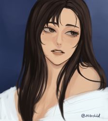 Rule 34 | 1girl, bare shoulders, brown eyes, brown hair, eyebrows, eyelashes, female focus, freckles, highres, ieiri shoko, jujutsu kaisen, lips, long hair, looking to the side, mole, mole under eye, nose, parted lips, solo, stllrchld, upper body