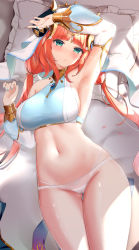 Rule 34 | 1girl, absurdres, aqua eyes, arm up, blue nails, blush, bracer, breasts, circlet, cowboy shot, dappled sunlight, detached sleeves, fake horns, from above, genshin impact, gluteal fold, hand on own head, head on pillow, highres, horns, large breasts, legs together, long hair, long sleeves, low twintails, lying, multi-strapped panties, nail polish, navel, nilou (genshin impact), no pants, on back, panties, parted bangs, parted lips, puffy long sleeves, puffy sleeves, red hair, shiny skin, shirt, sideboob, skirt, sleeveless, sleeveless shirt, solo, stomach, sunlight, thighs, twintails, underwear, unworn skirt, usagi poi, veil, white headwear, white panties, white sleeves