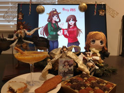 Rule 34 | 2d dating, 2girls, ahoge, alternate costume, black skirt, window blinds, blue skirt, boots, box, candy, charm (object), chocolate, christmas, christmas ornaments, cinnamon stick, commentary, cookie, denim, detached sleeves, double bun, eggnog, english commentary, figure, food, gift, gift box, glass, hair bun, hairband, hakama, hakama short skirt, hakama skirt, headgear, highres, hime cut, holding, holding gift, japanese clothes, jeans, kantai collection, kongou (kancolle), long hair, merchandise, miko, mistletoe, multiple girls, nontraditional miko, one eye closed, open mouth, outstretched arm, pants, pastry, photo (medium), plate, pleated skirt, ribbon, sash, ship, skirt, smile, stuffed toy, sweater, thigh boots, thighhighs, trading card, watercraft, white ribbon, window, yellow hairband