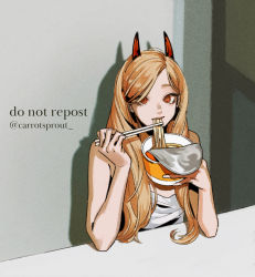 Rule 34 | 1girl, blonde hair, carrotsprout, chainsaw man, chopsticks, cross-shaped pupils, cup ramen, eating, food, forehead, highres, holding, holding chopsticks, horns, long hair, looking at viewer, noodles, orange eyes, power (chainsaw man), red horns, solo, symbol-shaped pupils, tank top, twitter username, white tank top